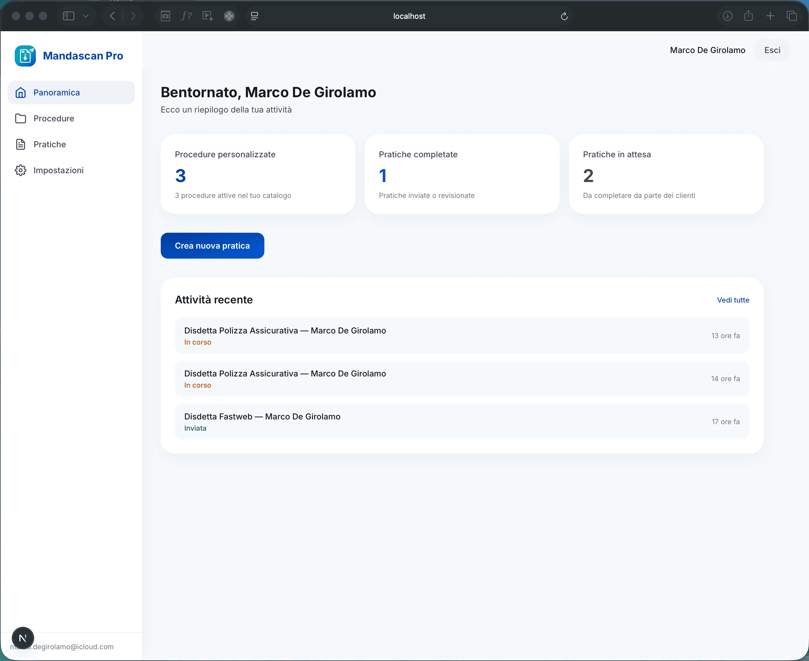 Dashboard Mandascan Pro — Panoramica attività