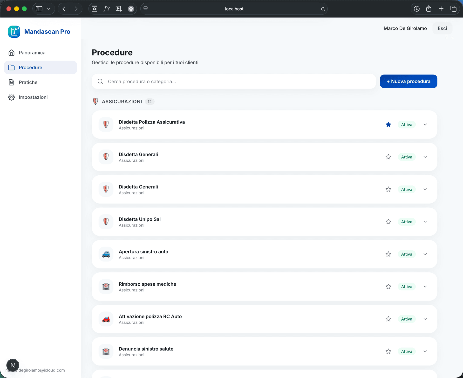 Dashboard Mandascan Pro — catalogo procedure con preferiti