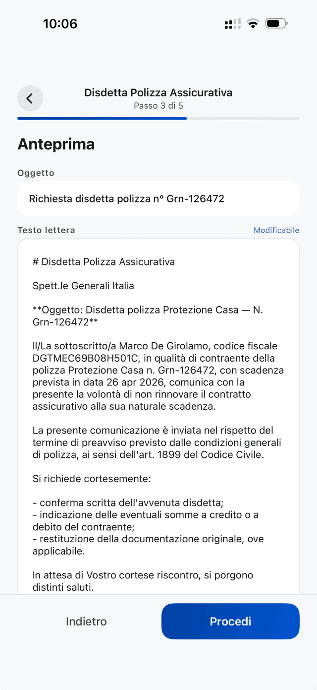 Anteprima lettera compilata